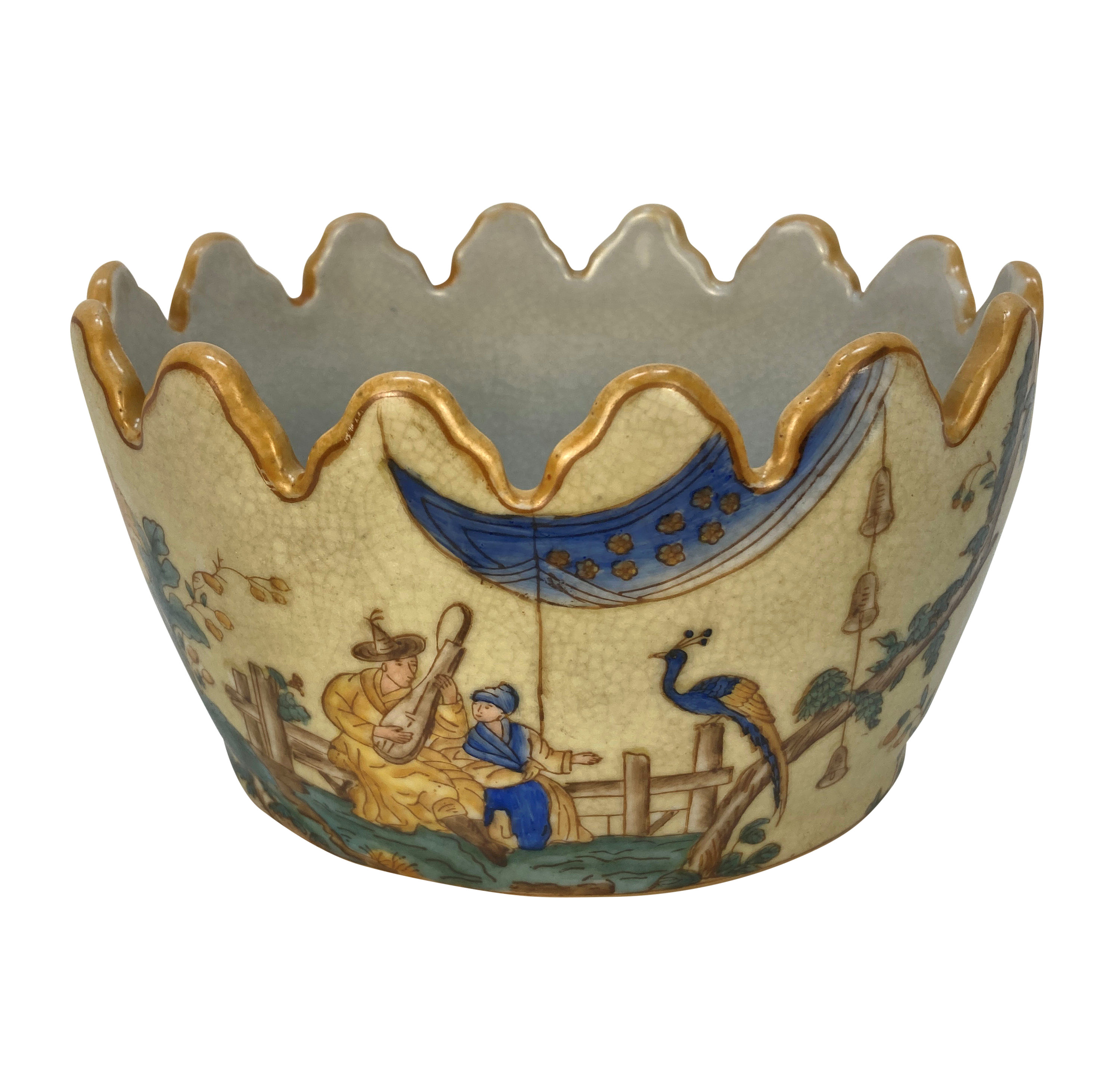 A CACHE POT PAINTED WITH ORIENTAL SCENES