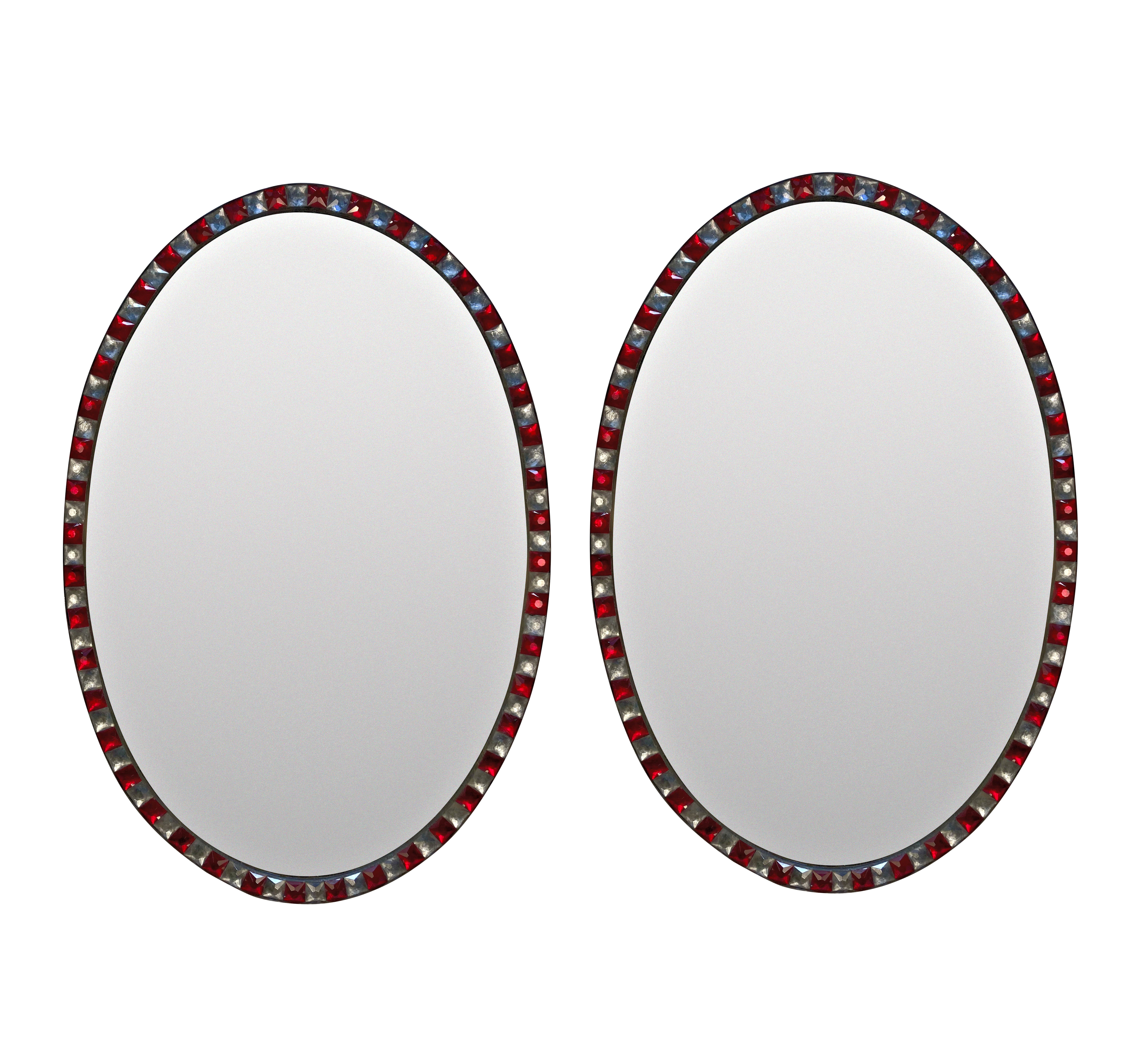 A PAIR OF GEORGIAN STYLE IRISH MIRRORS WITH CLEAR & RUBY FACETED BORDERS
