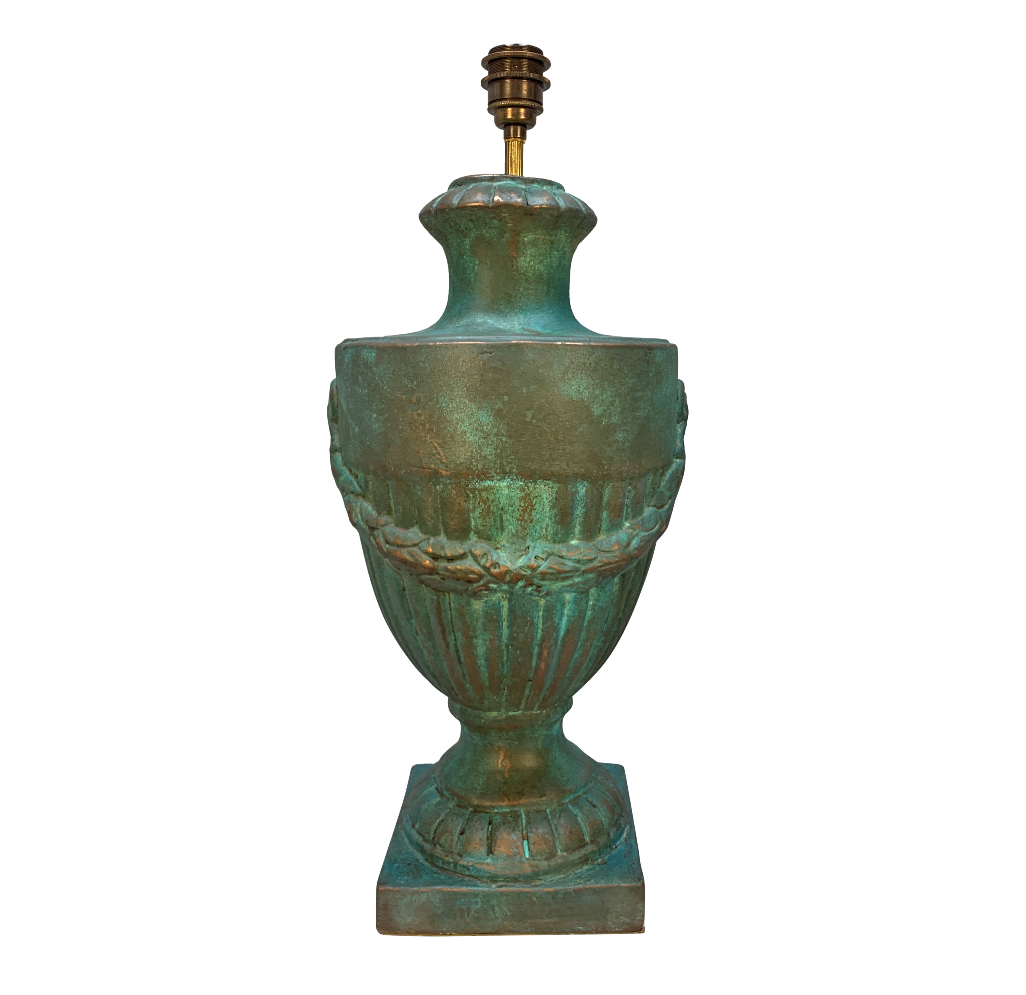 AN ENGLISH VERDIGRIS COPPER CLASSICAL URN LAMP
