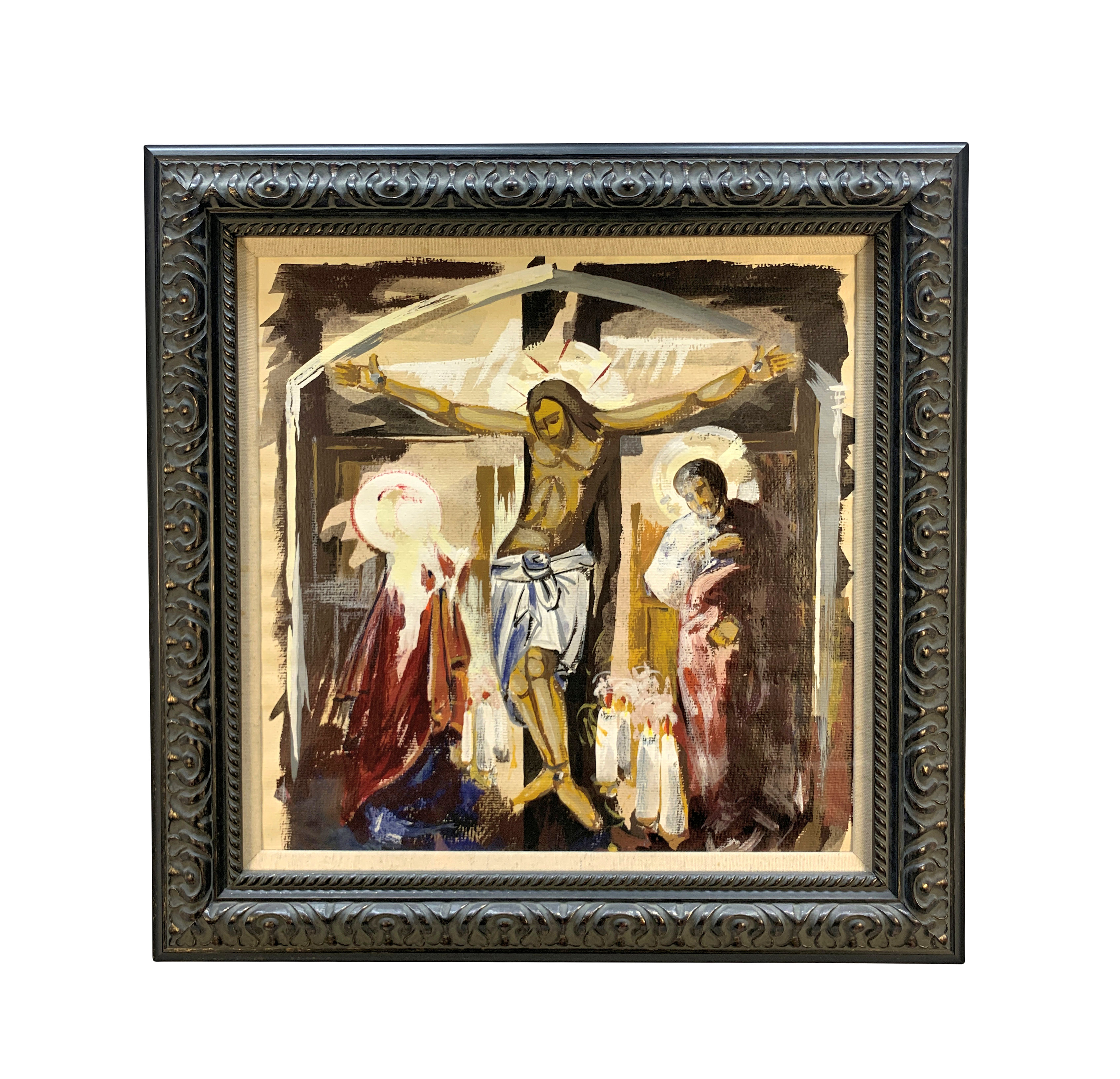 AN ENGLISH FRAMED OIL OF THE CRUCIFIXION