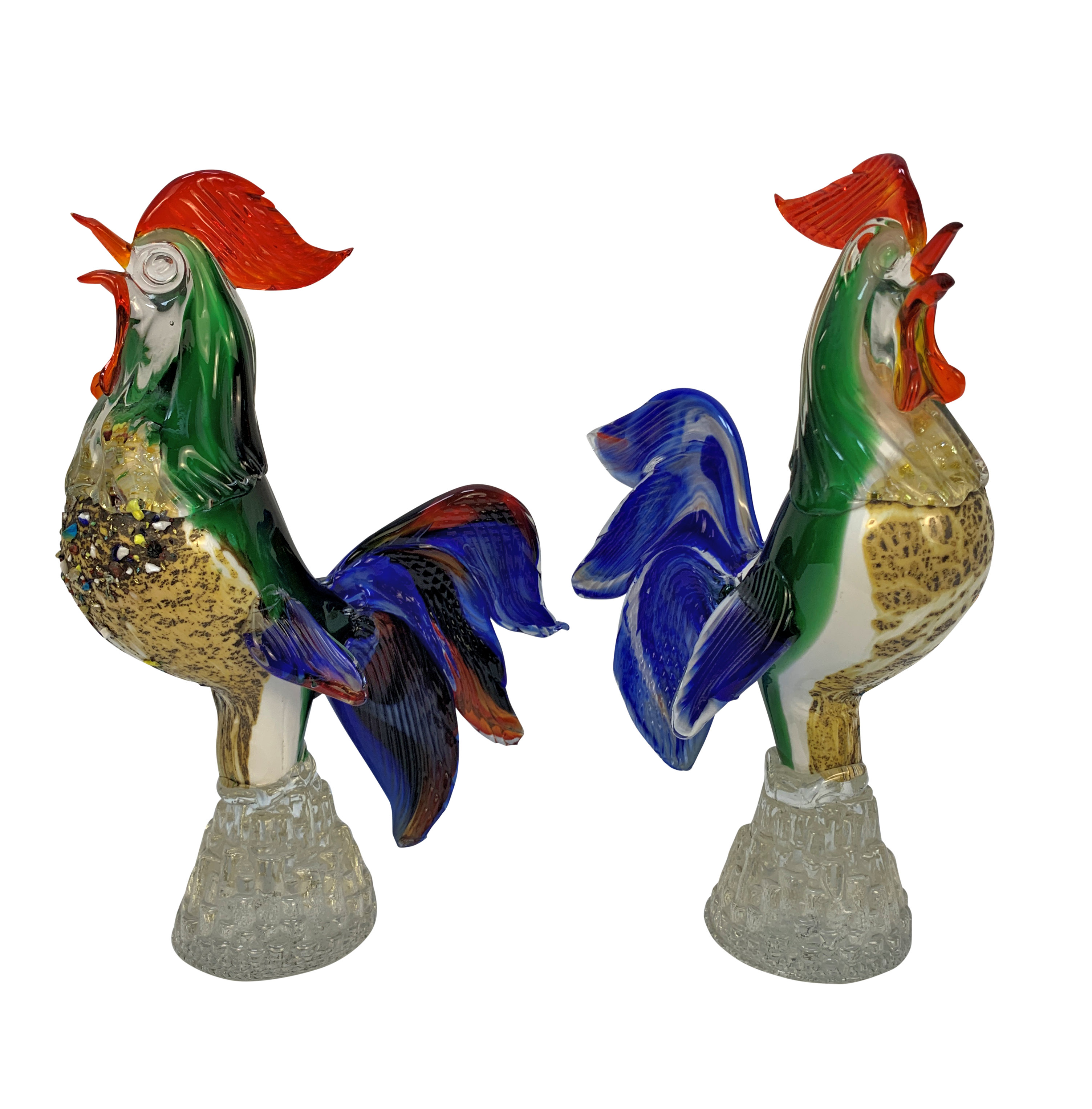 A PAIR OF MID-CENTURY HAND BLOWN MURANO GLASS COCKERELS