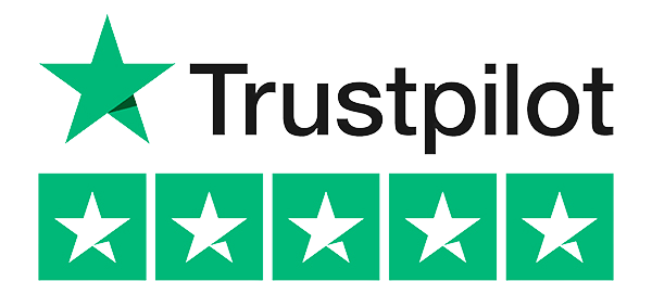 Trustpilot logo with five green stars rating.