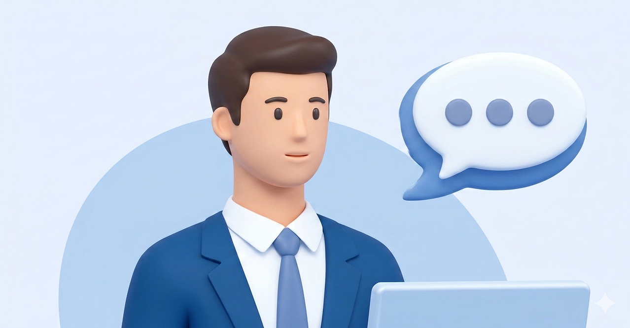 3D illustration of a man in a blue suit and tie looking at a laptop with a speech bubble containing three dots.