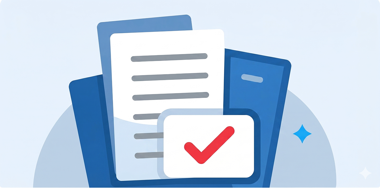 Illustration of stacked documents and files with a large red checkmark on a white rectangular card in front.