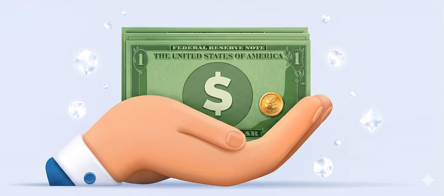 Illustrated hand holding stacked US dollar bills and a gold coin against a light background with floating crystal-like shapes.