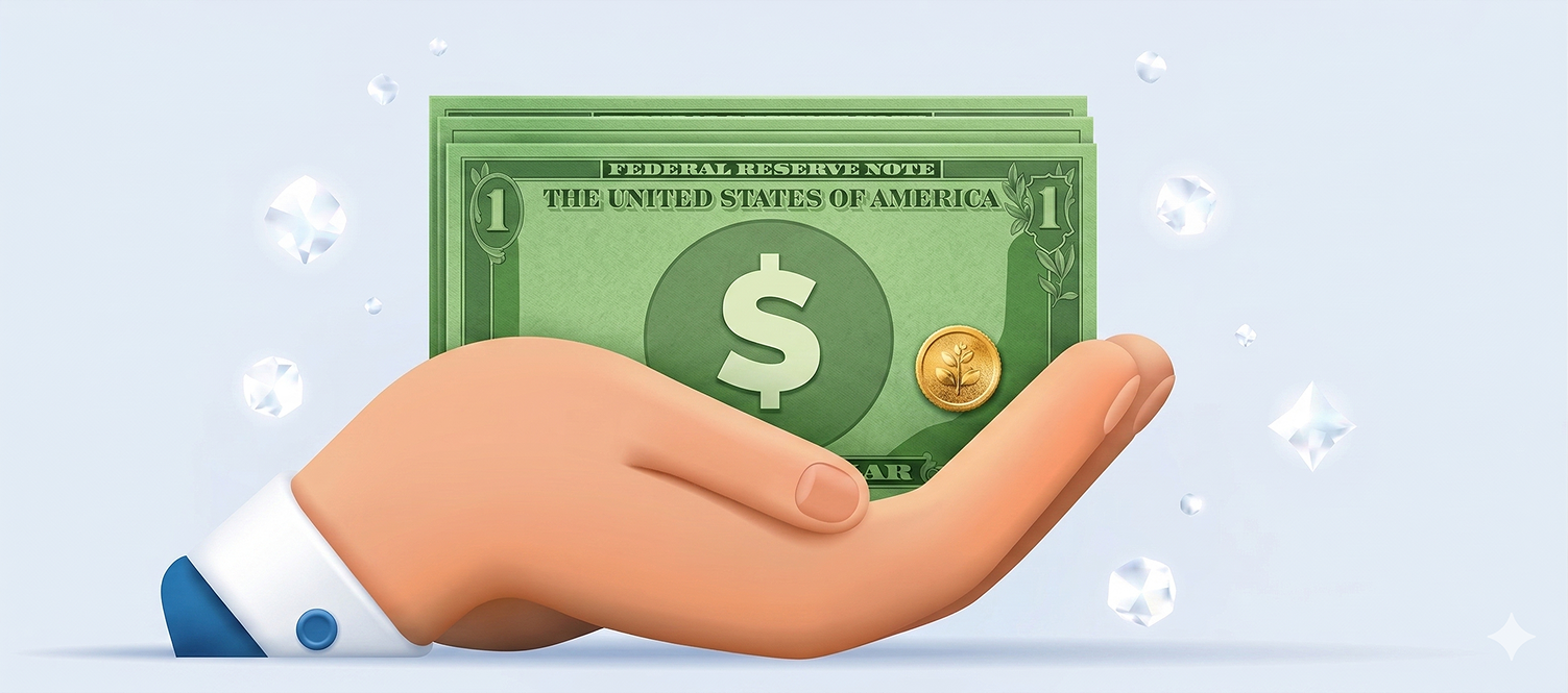 Illustrated hand holding stacked US dollar bills and a gold coin against a light background with floating crystal-like shapes.