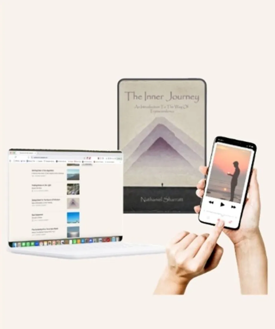 A laptop displaying a webpage and the book cover 'The Inner Journey' by Nat Sharratt.