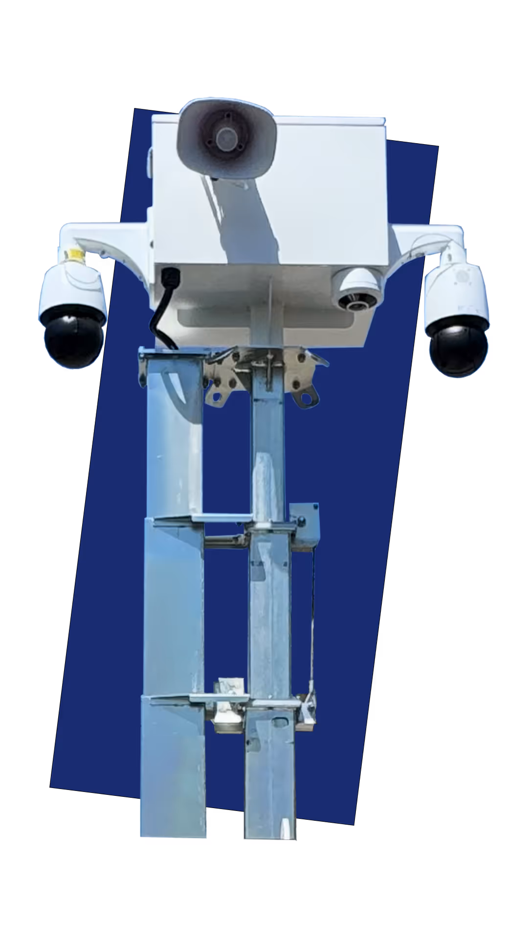A White security trailer, blue background, 2 outward facing cameras with a speaker attached to the trailer