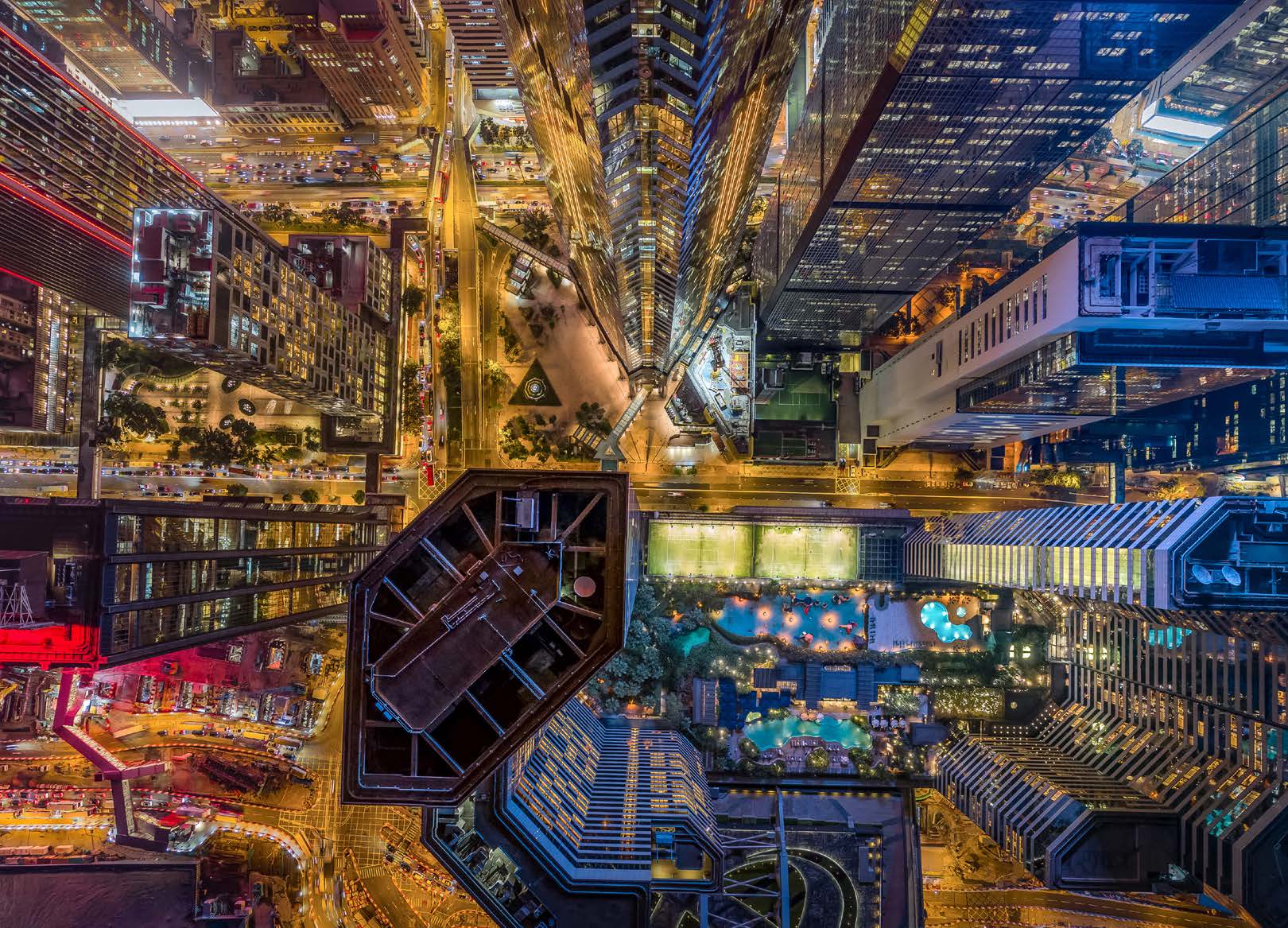 Aerial view of a colourful city