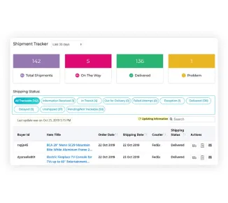Screenshot of 3Dsellers eBay Shipping Tracker dashboard with shipping status filters and order and shipping status history.