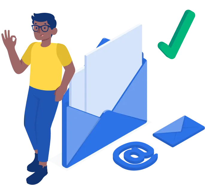 Man in glasses leaning on envelope that depicts email with his hand as OK sign with green check mark  