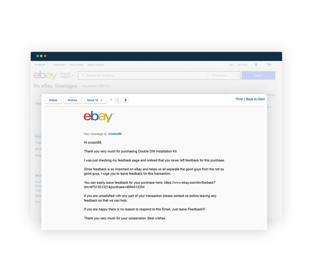 Showcased screenshot of eBay Feedback Reminder's feedback-boosting features.