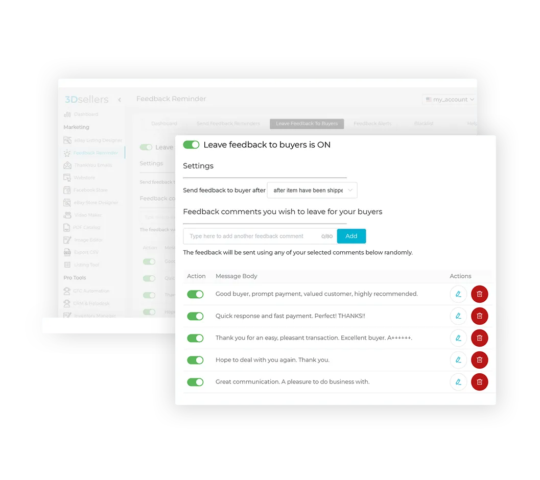 Showcased screenshot of eBay Feedback Reminder's feedback-boosting features.