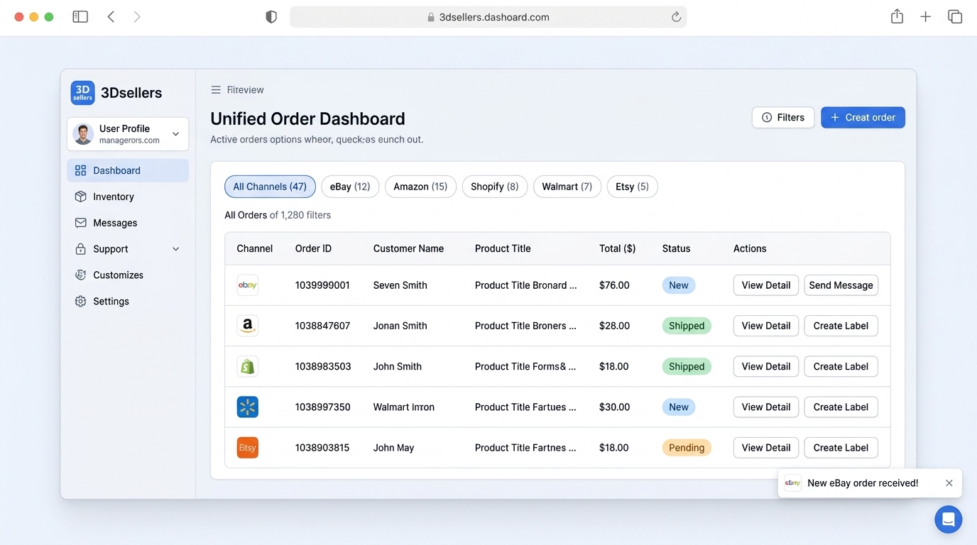 3Dsellers unified order dashboard — orders, messages, and feedback from every marketplace in one inbox