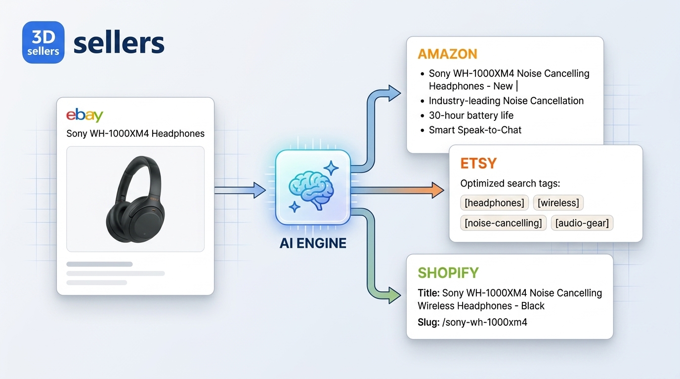 3Dsellers AI per-platform listing optimization — same product rewritten for Amazon bullets, Etsy tags, and Shopify SEO