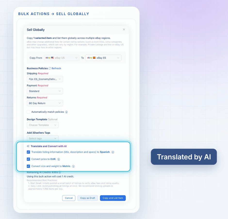 Sell Globally dialog with AI translation