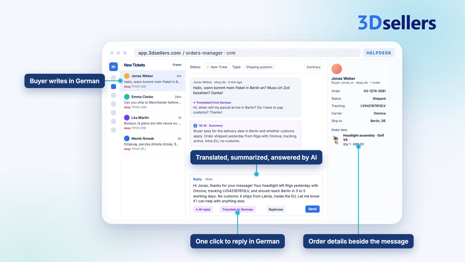 Helpdesk: a German buyer message translated, summarized and answered by AI