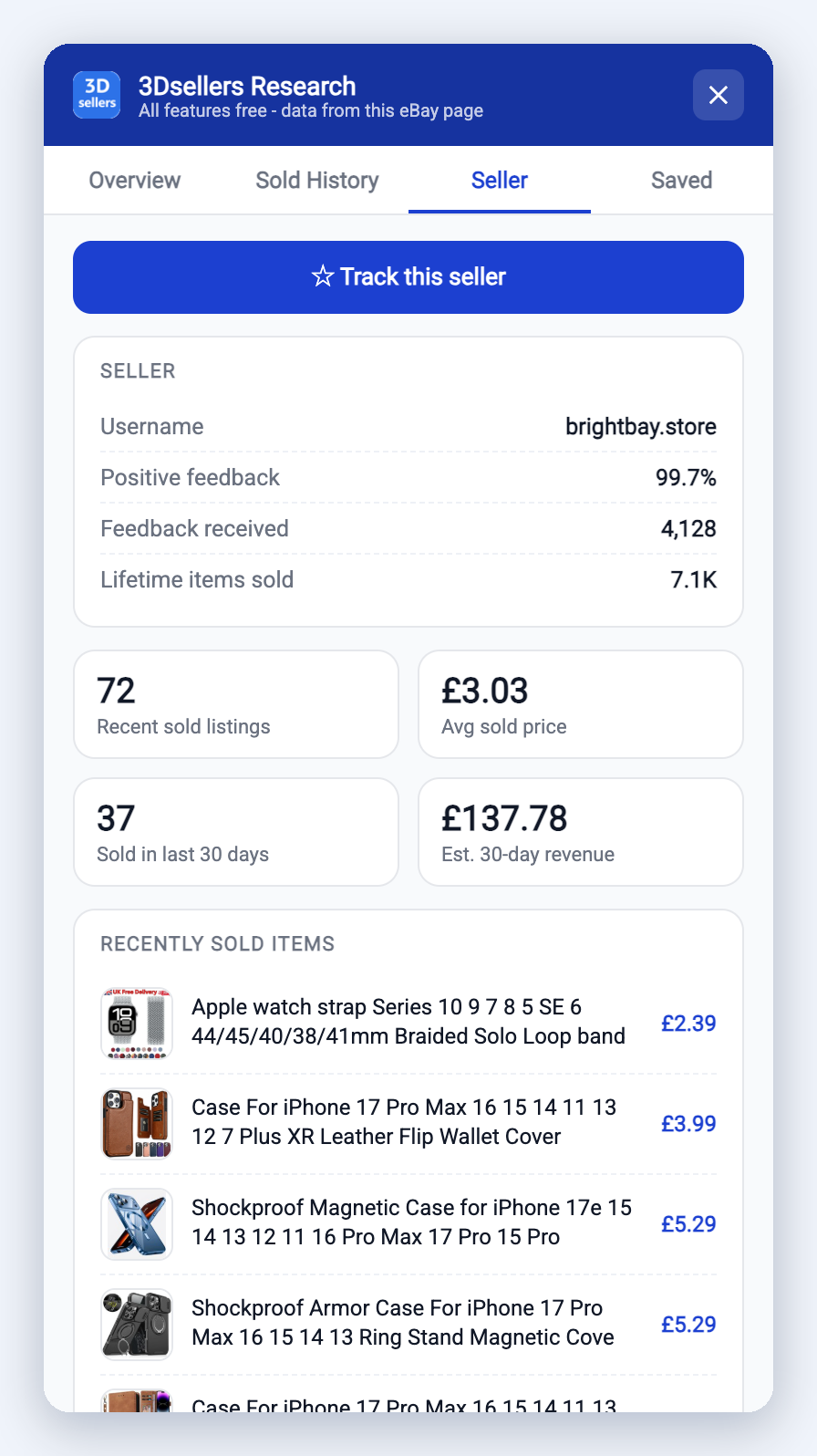 Seller tab with feedback, recent sold listings, average sold price and estimated 30-day revenue