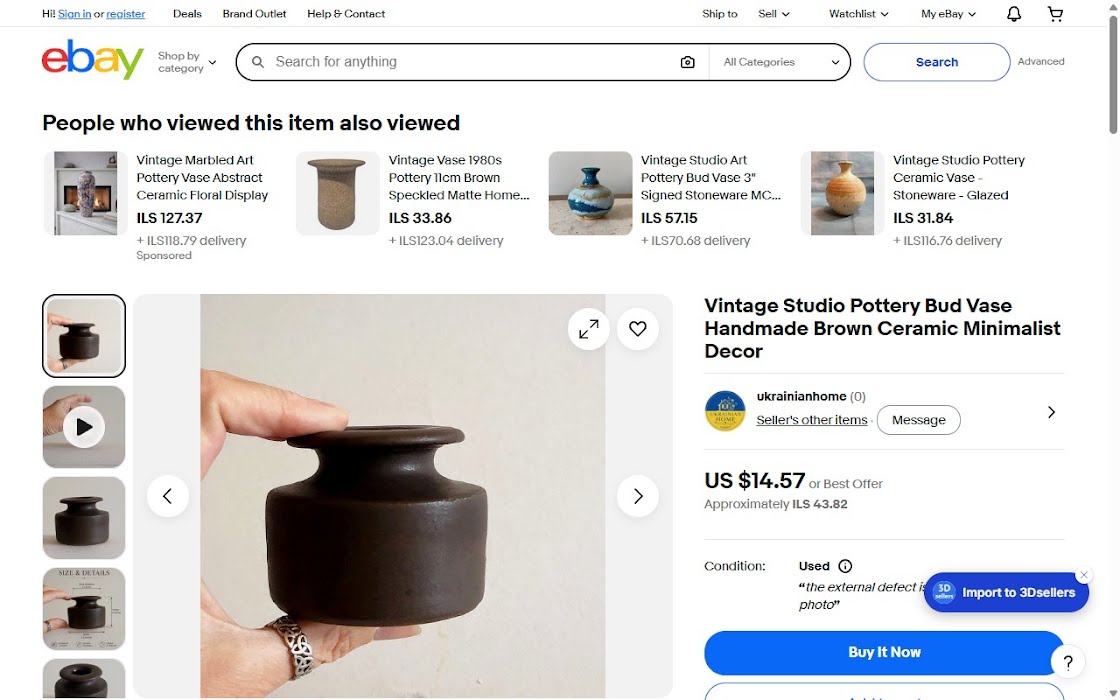 eBay item page with the Import to 3Dsellers button next to Buy It Now