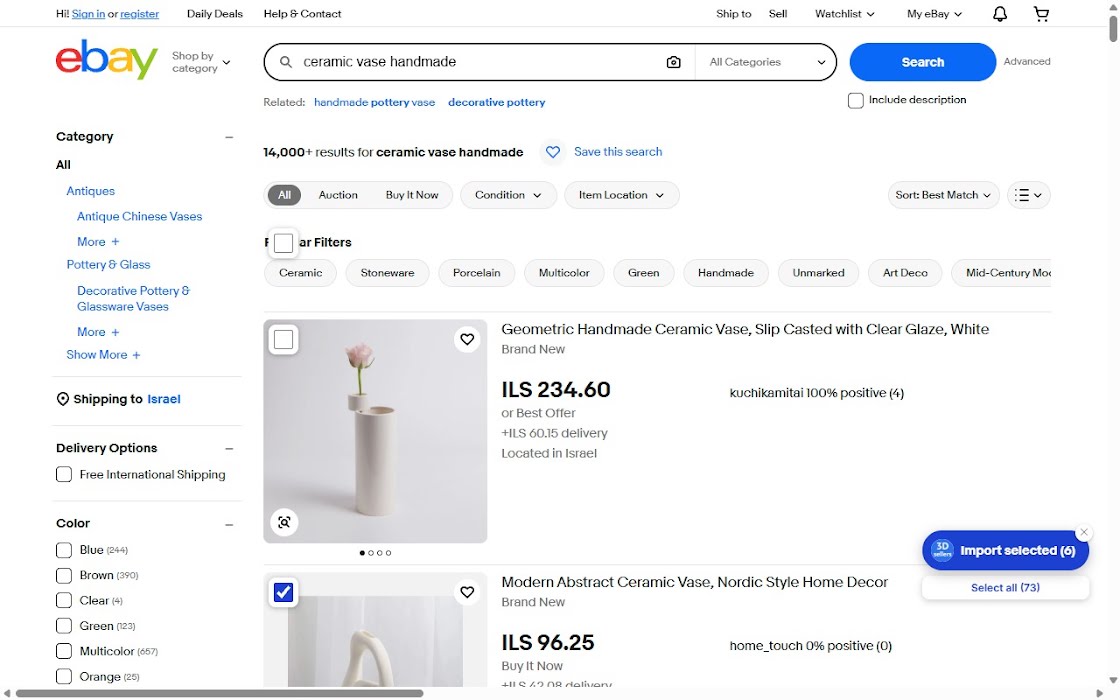 eBay search results with products ticked and an Import selected button