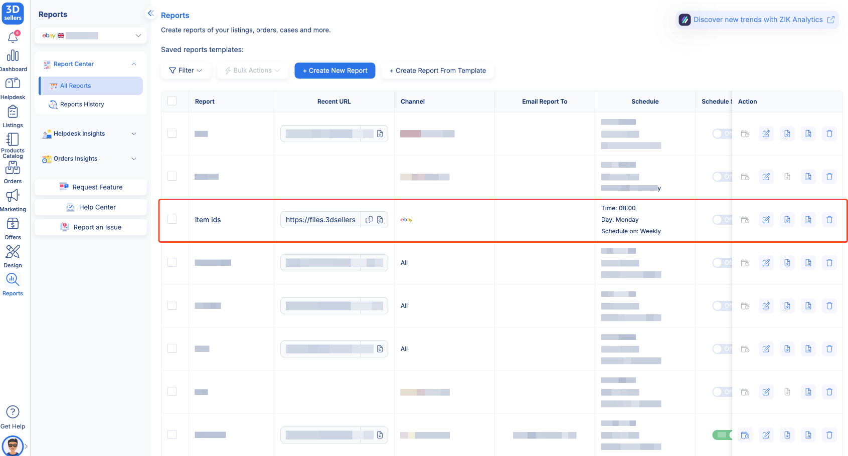 3Dsellers eBay listing management dashboard showing international market expansion controls and translation workflow