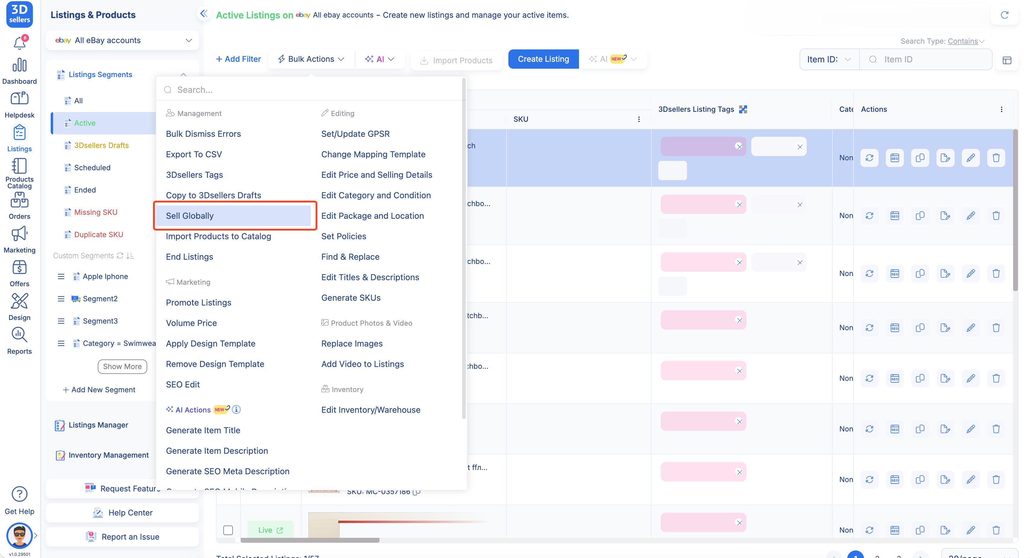 3Dsellers eBay listing management dashboard showing international market expansion controls and translation workflow