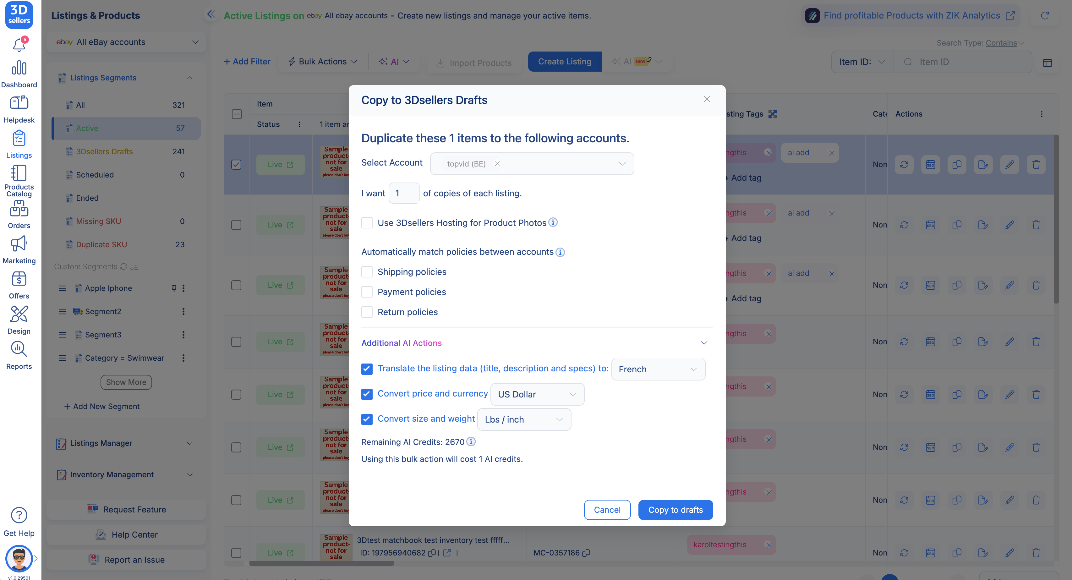 3Dsellers eBay listing management dashboard showing international market expansion controls and translation workflow