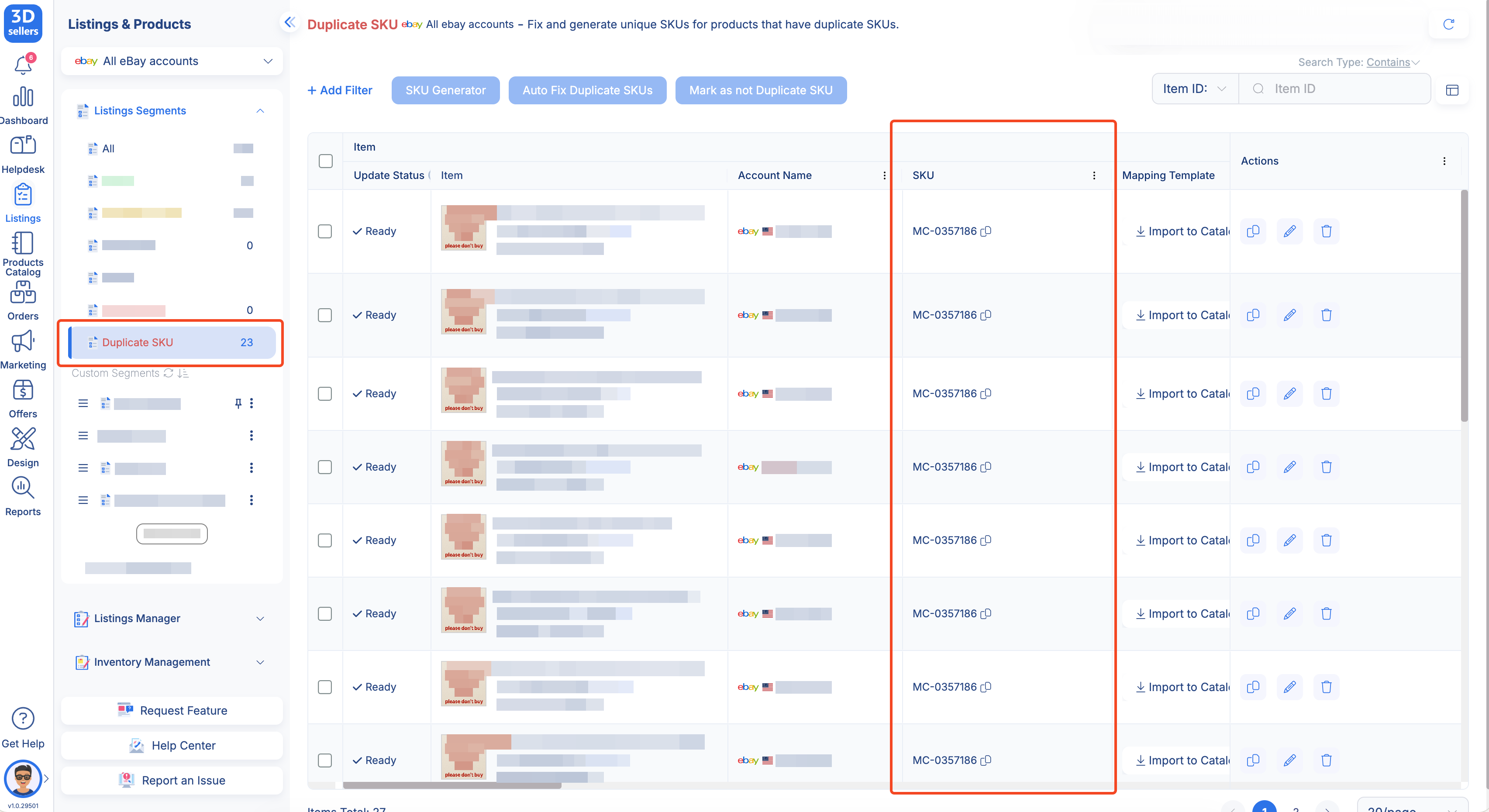 3Dsellers eBay listing management dashboard showing international market expansion controls and translation workflow