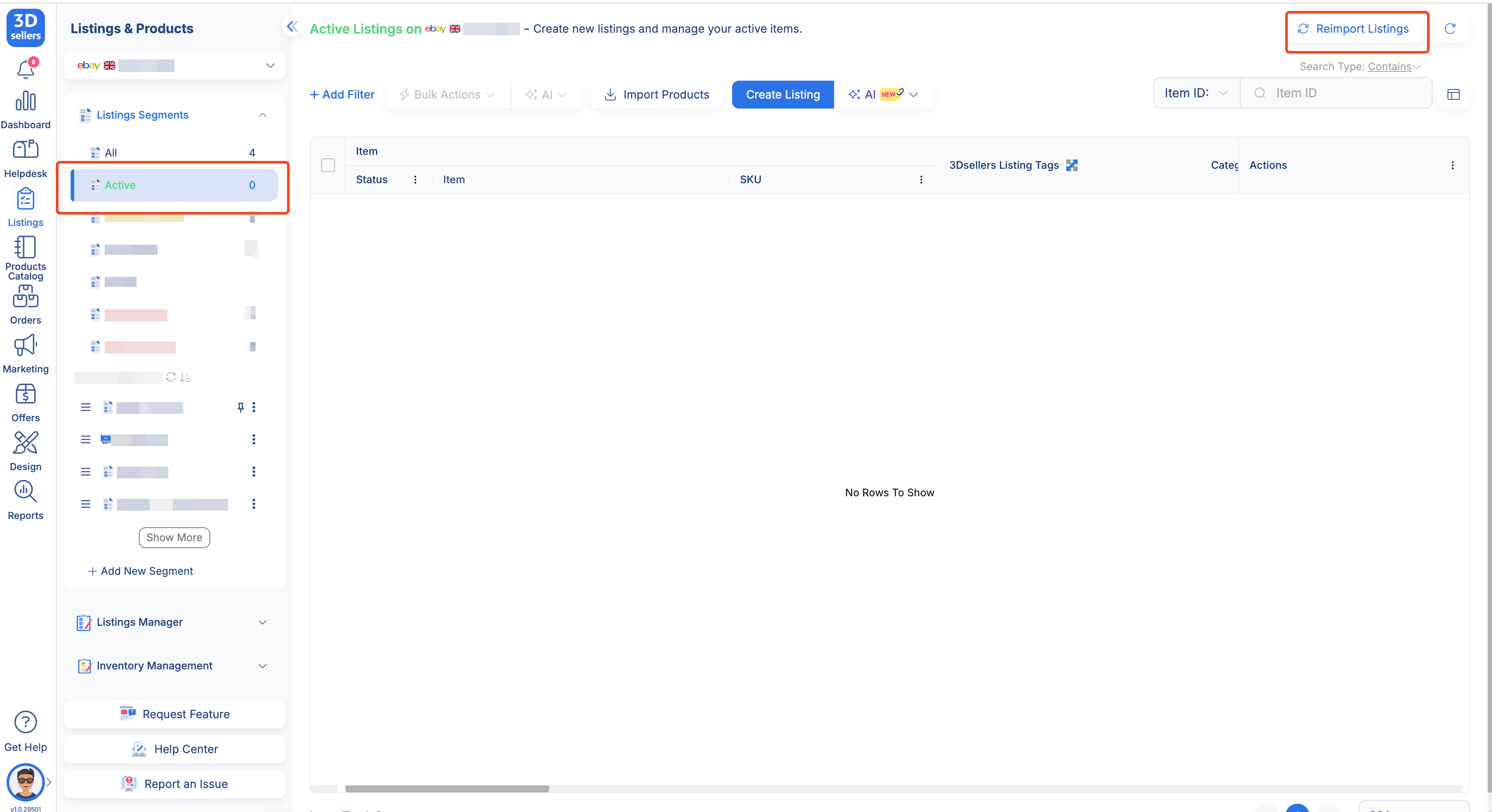 3Dsellers eBay listing management dashboard showing international market expansion controls and translation workflow