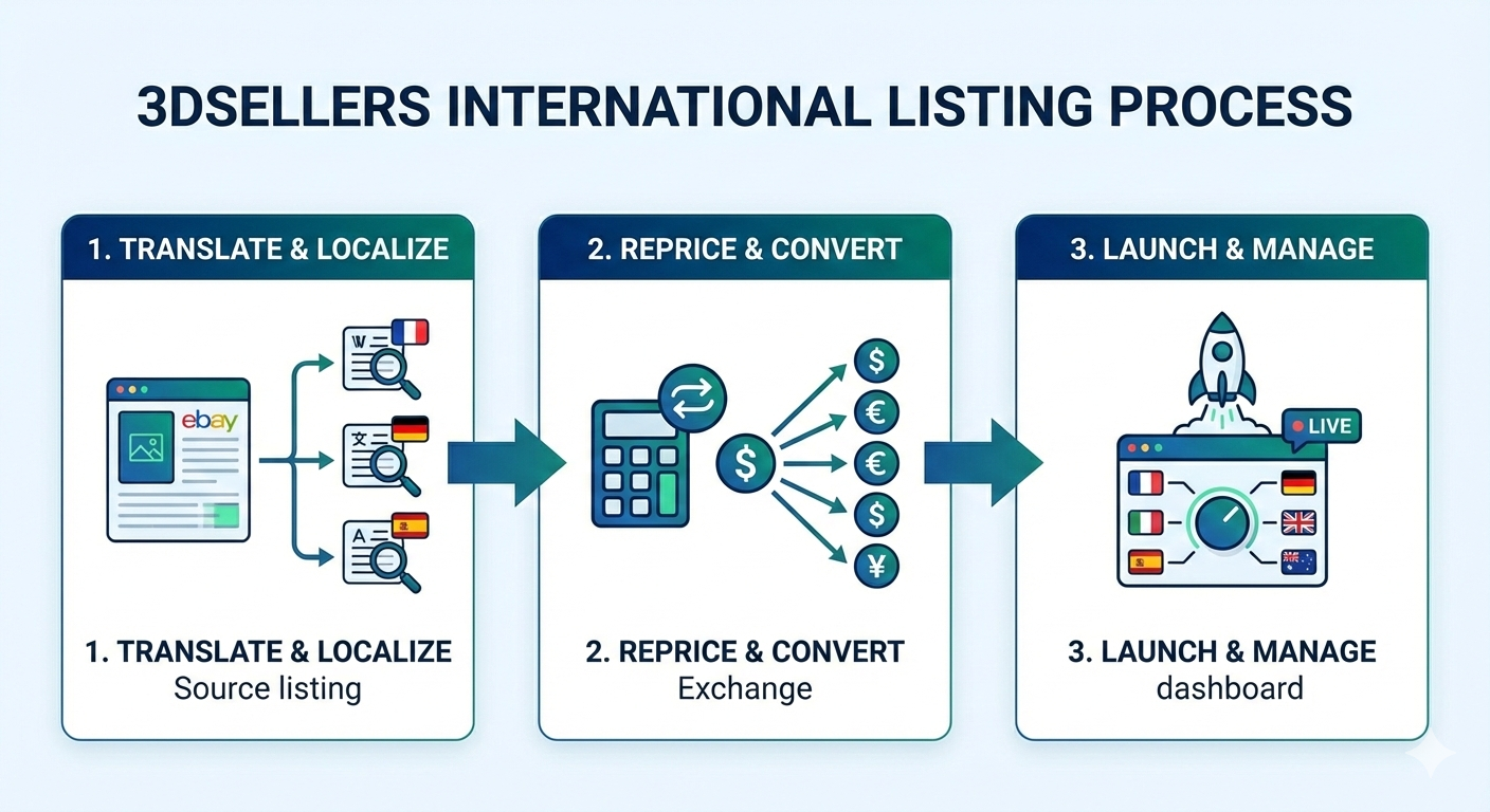 3Dsellers eBay listing management dashboard showing international market expansion controls and translation workflow