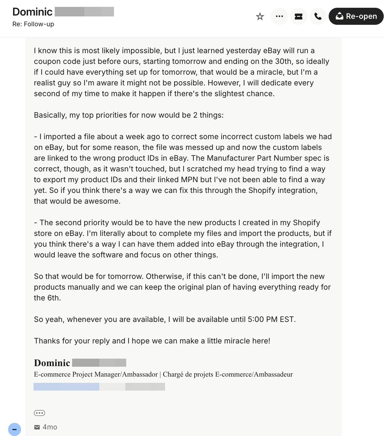 Follow-up email from Dominic Vaillancourt outlining 3Dsellers implementation as main PIM system for syncing Shopify products to eBay store with automated templates and product designs ahead of October 6th promotional campaign