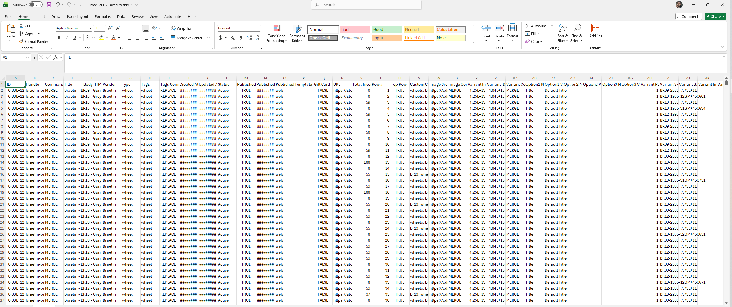Excel spreadsheet showing manual automotive parts data processing workflow with 25+ supplier columns including product specifications, SKU numbers, pricing, and technical attributes for tires and wheels inventory management