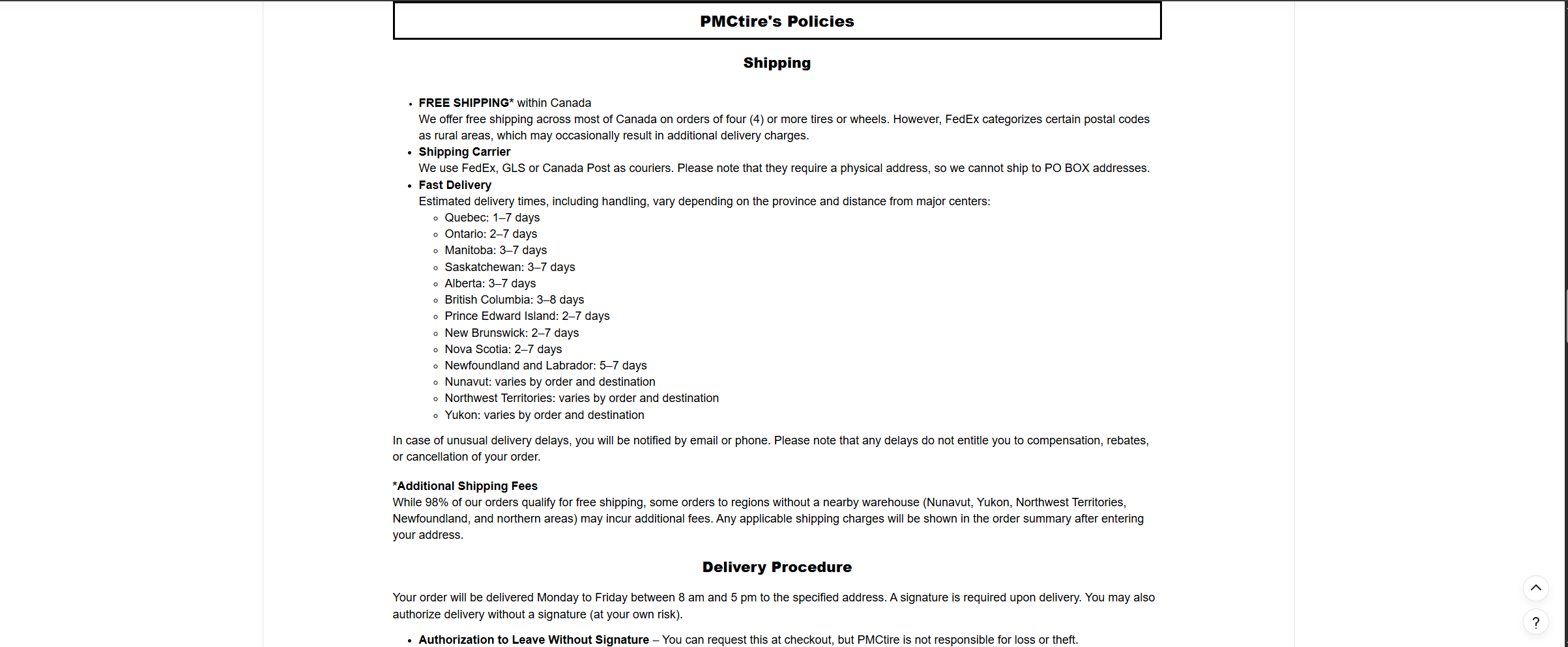 PMCtire shipping and return policies page showing detailed multi-package shipping instructions for tires and wheels across Canadian provinces, featuring embedded Listing Designer template with clear delivery timelines, free shipping within Canada terms, and authorization to leave without signature procedures