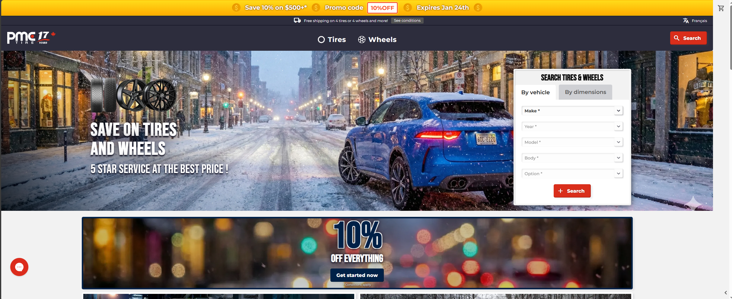 PMCtire automotive e-commerce website homepage featuring winter tire and wheel promotion with vehicle search functionality, displaying blue SUV in snowy Montreal street scene, promotional banner offering 10% discount with code 10%OFF expiring January 24th, showcasing tires and wheels inventory