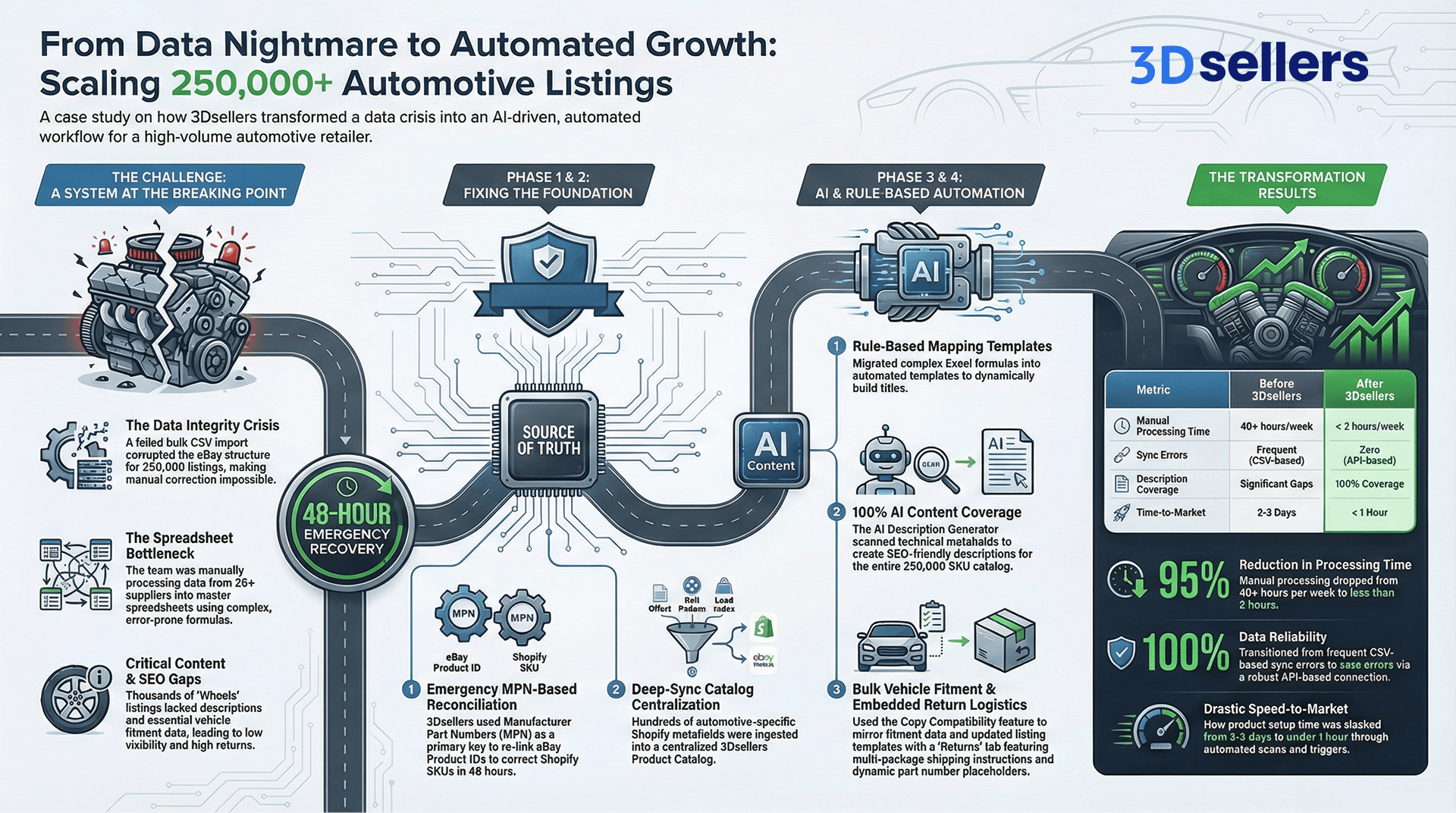 Detailed eBay international marketplace expansion infographic showing complete 9-step process: The Challenge section, The Implementation Process with Pre-Expansion Prep phase including Excel duplicate removal, Import and Translation with globe icon, Duplicate Management with box icon, Sync New Data with refresh arrows, and The Results section showing 21418 UK listings expanding to 100000 listings across France US Australia Germany Ireland markets