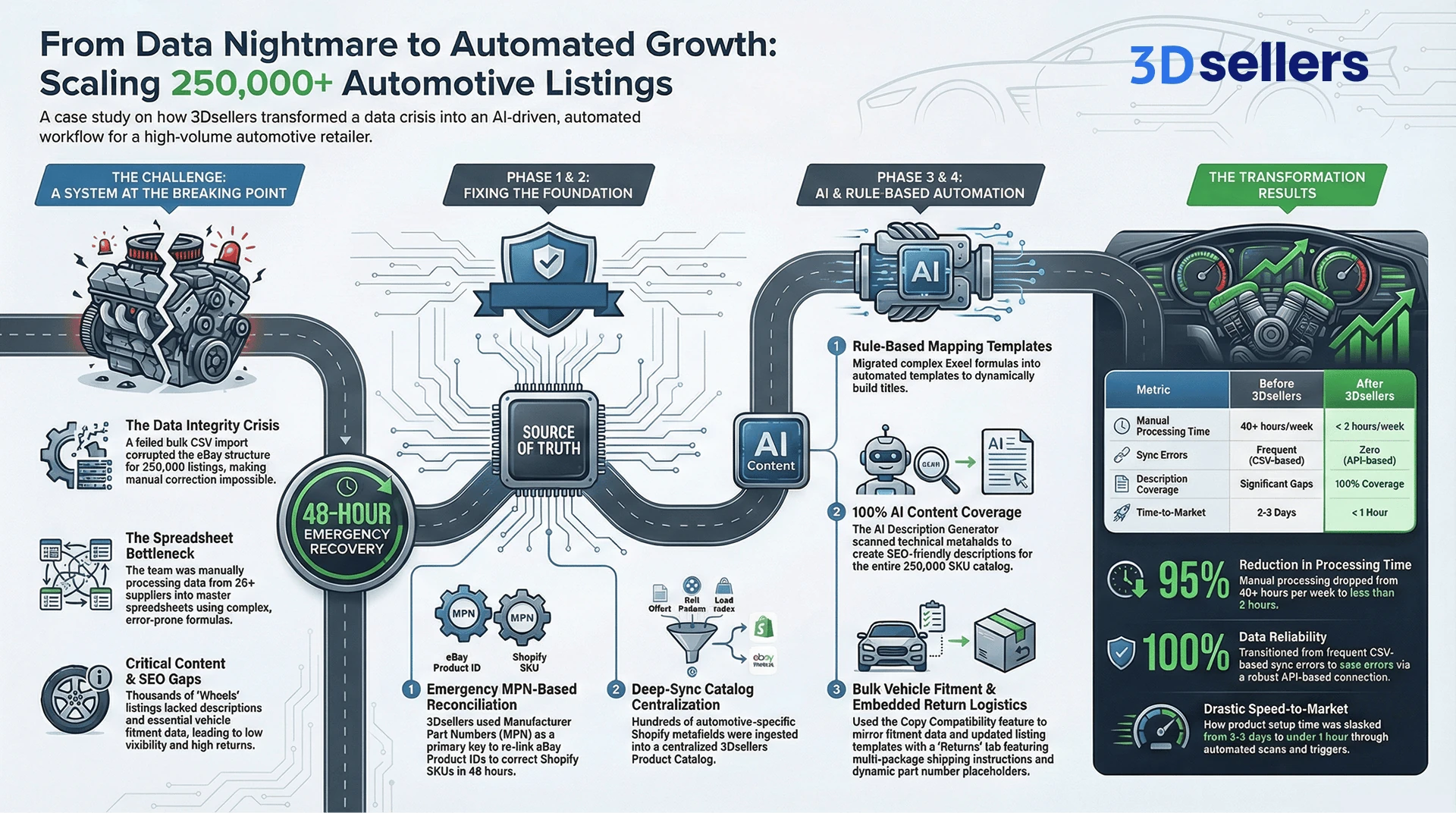 Infographic: From Data Nightmare to Automated Growth. How 3Dsellers scaled 250,000+ automotive eBay listings: the data integrity crisis, 48-hour MPN-based recovery, centralized Product Catalog, AI content and rule-based mapping, bulk vehicle fitment, and results of 95% less processing time and 100% data reliability