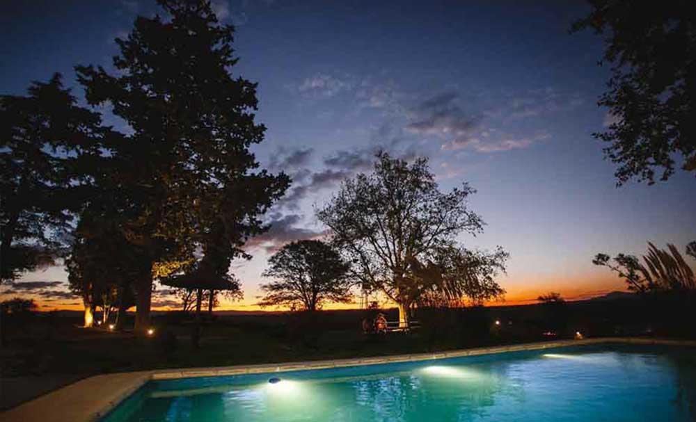 Pool and pool house lit up at night