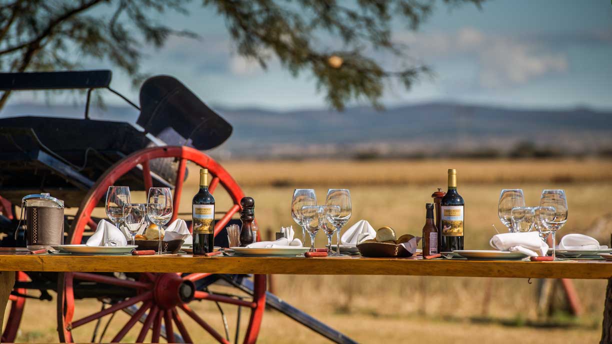 Antique cart displaying wines outdoors