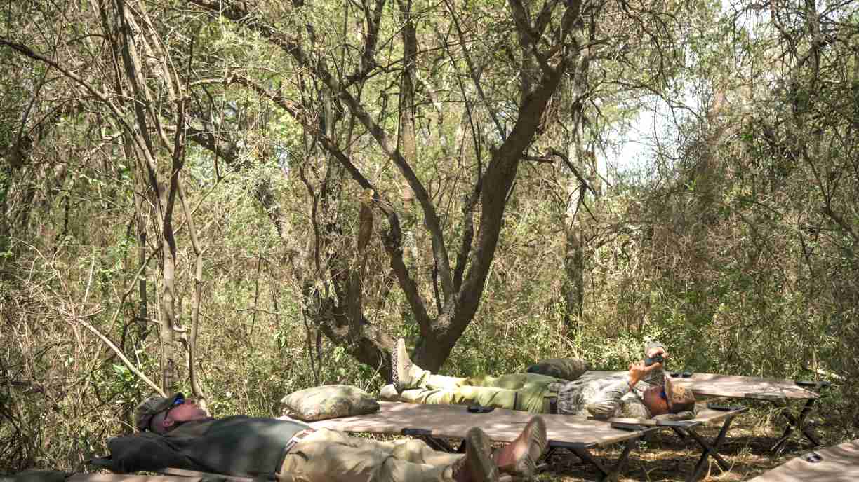 Guests resting in the shade of the woods
