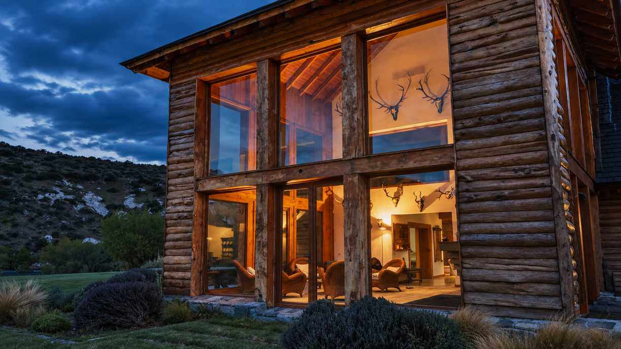 Bravo Sur cabin lit up at dusk