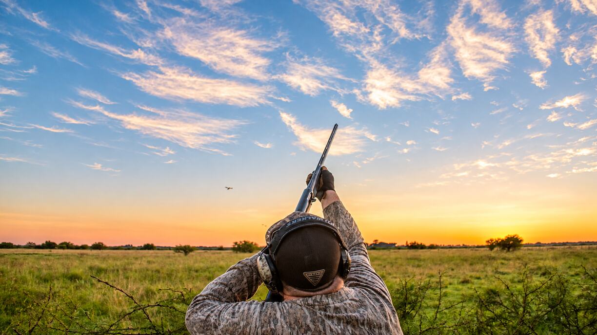 Hunter aiming skyward over an open field