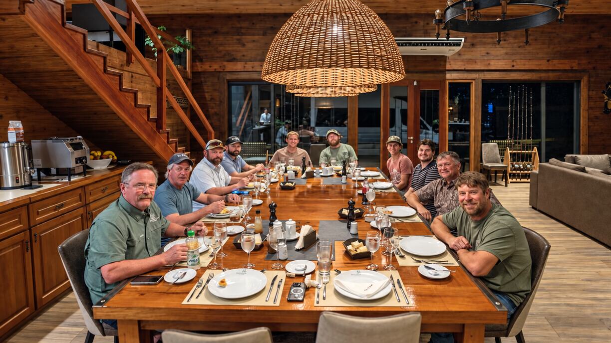 Guests at a long dinner table at Sierra Brava Lodge, Córdoba, Argentina