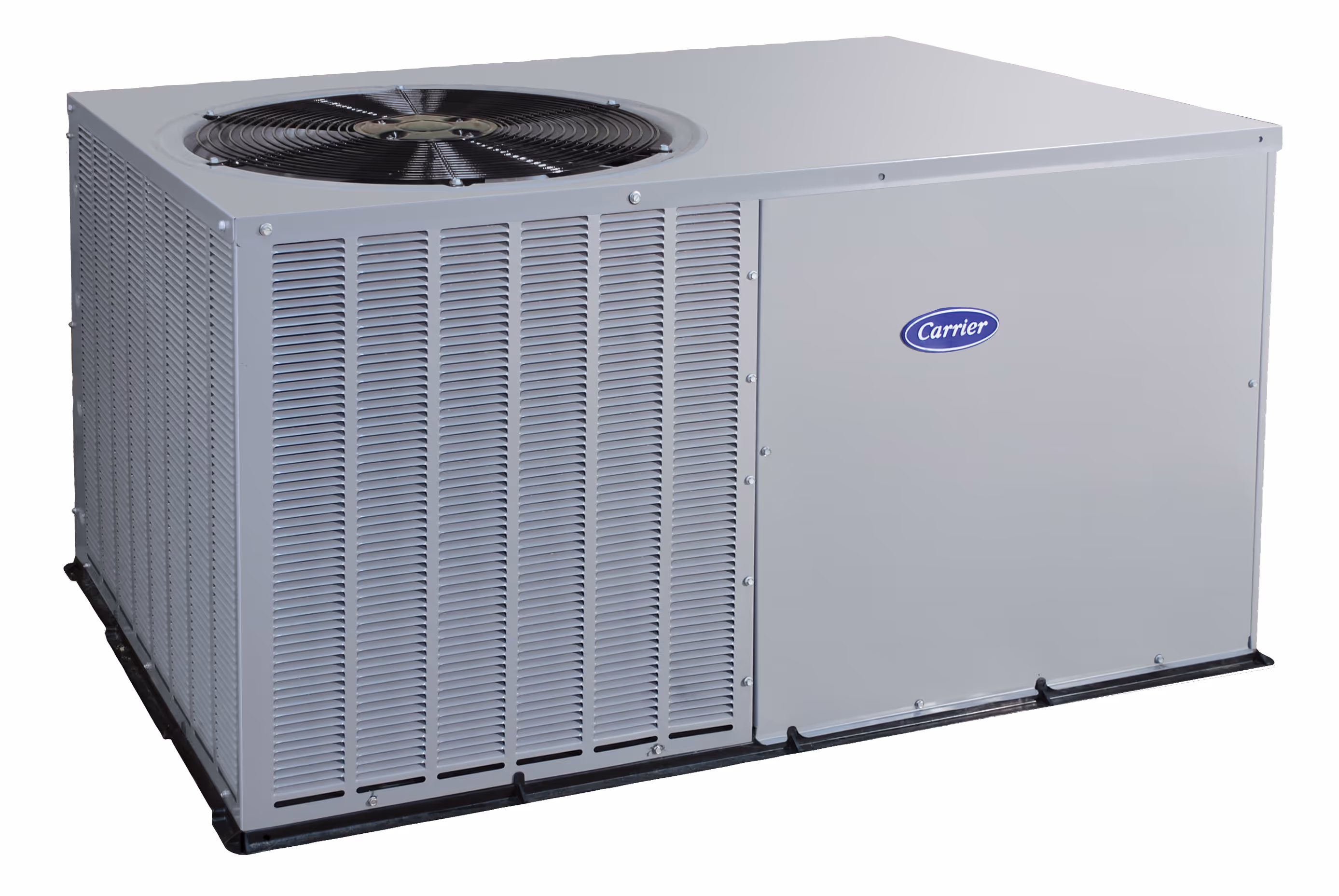 Carrier package unit HVAC system, all-in-one heating and cooling solution with integrated air conditioner and furnace components in single outdoor cabinet for residential and light commercial applications