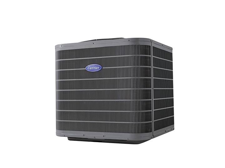 Performance Series air conditioner heat pump shown at an angle, featuring two-stage compressor technology in sleek outdoor housing
