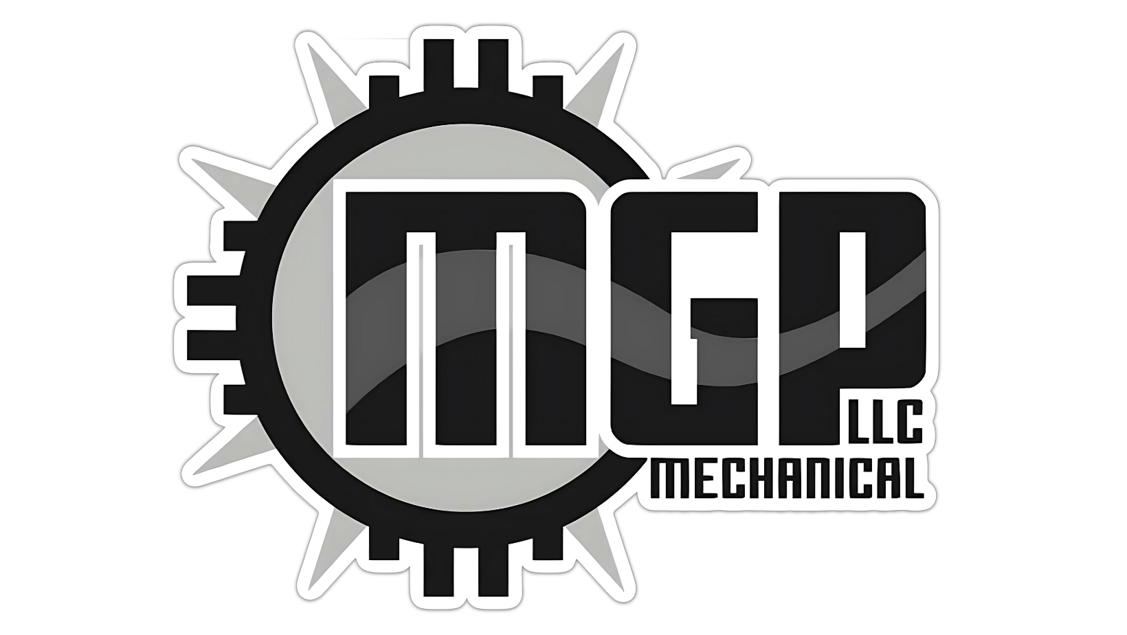 Logo with black and gray gear shape surrounding stylized letters 'MGP' and text 'LLC Mechanical' on black background.