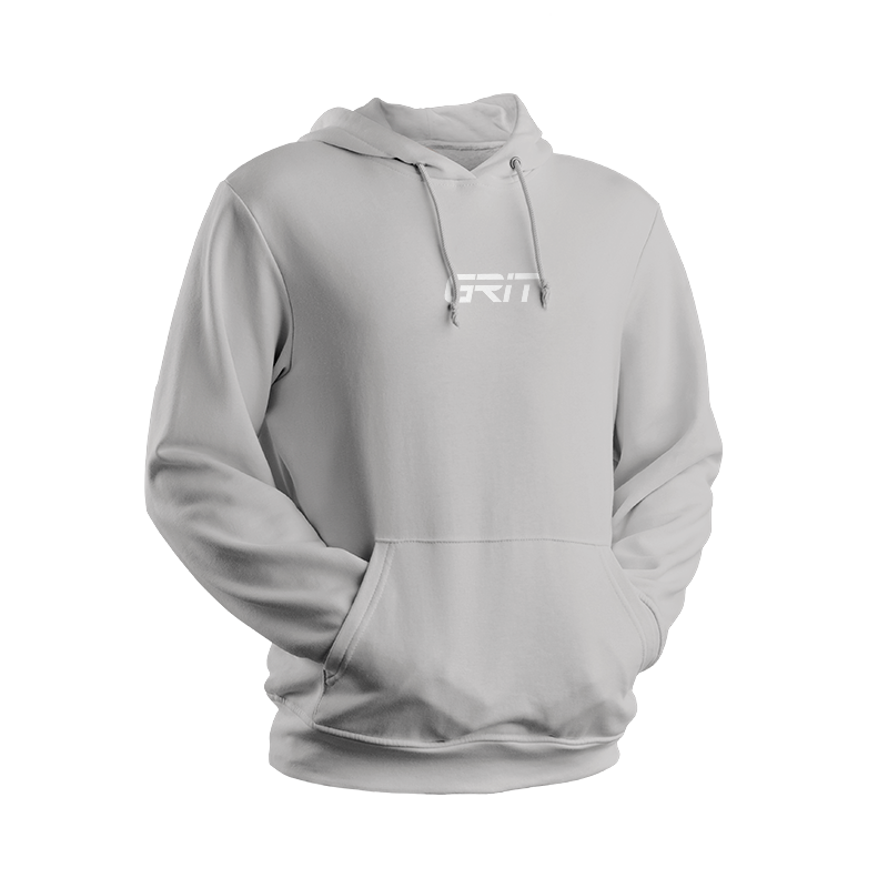 Grey hoodie with white GRIT logo in centre of chest