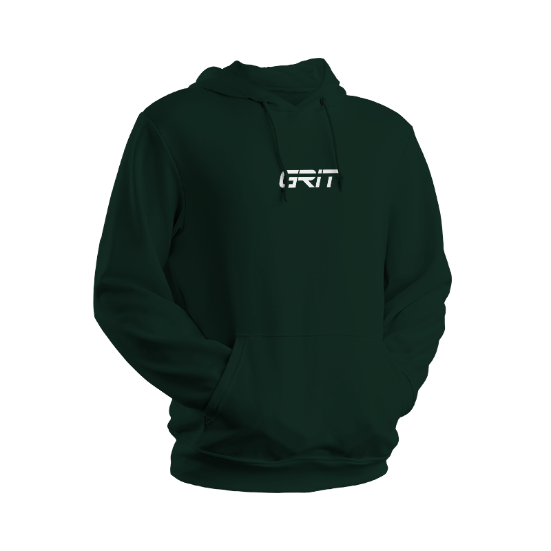 Forest green hoodie with white GRIT logo in centre of chest