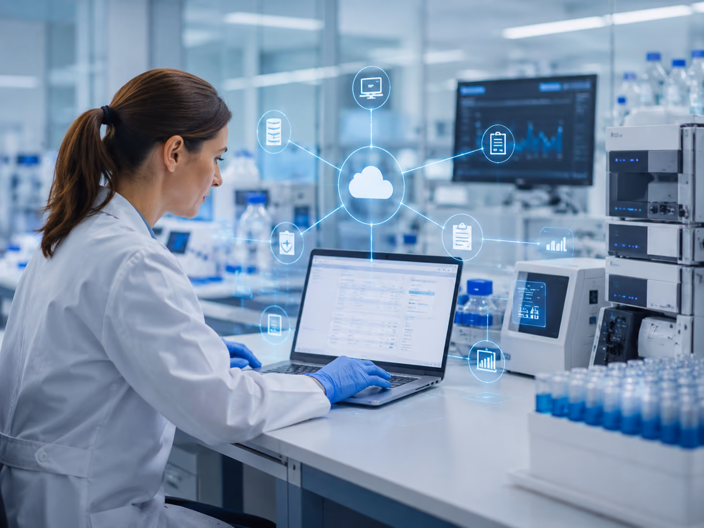 Vernetzte Labor-IT-Landschaft mit LIMS, Laborgeräten, Datenflüssen und digitaler Systemintegration