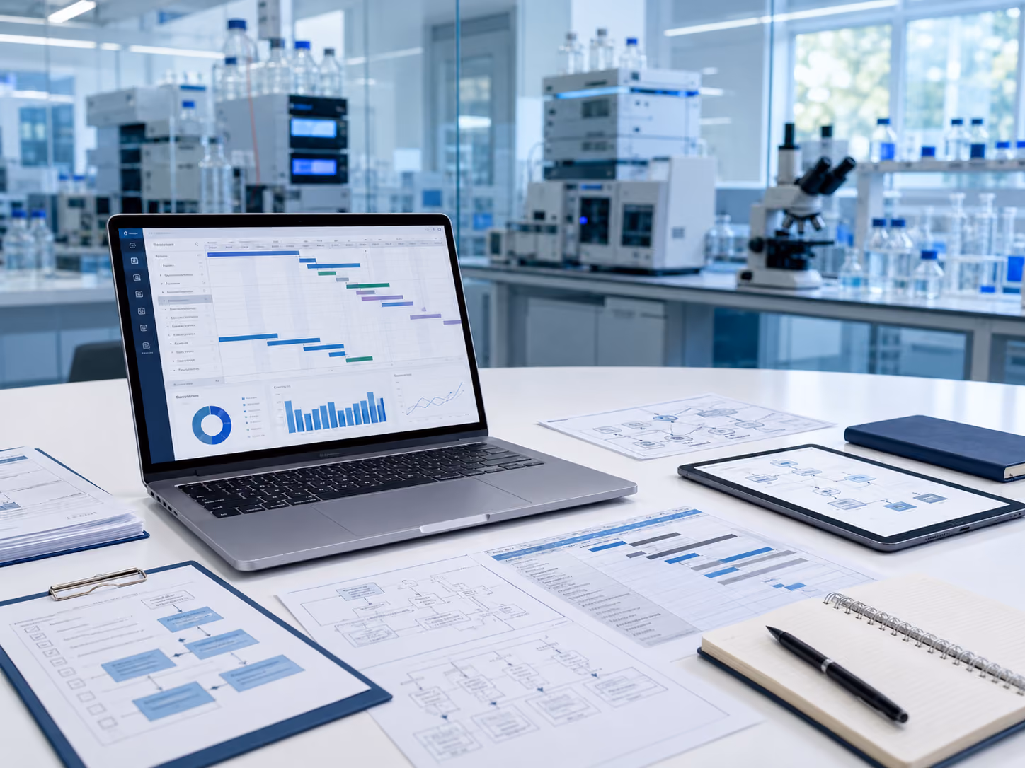 LIMS-Projektplanung mit Laptop, Prozessdiagrammen und Labor-IT-Konzepten in einem modernen Labor