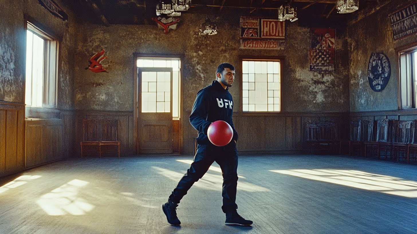 MMA fighter Azamat Bekoev strides confidently in black hoodie and sweatpants, holding a bright red sphere in an industrial space.